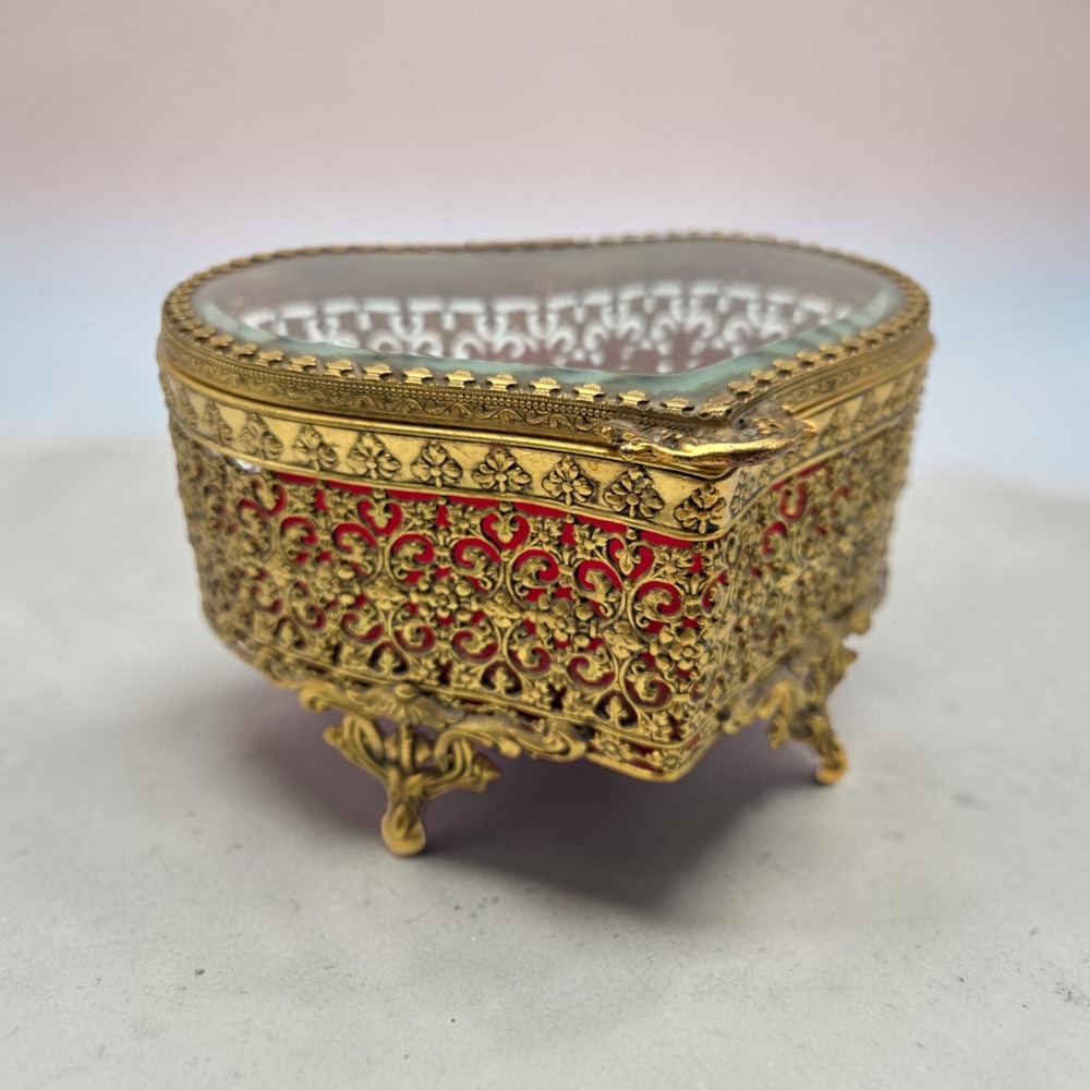 Vintage Heart-Shaped Ormolu Ornate Jewelry Box Gold Filigree Red Velvet Lining